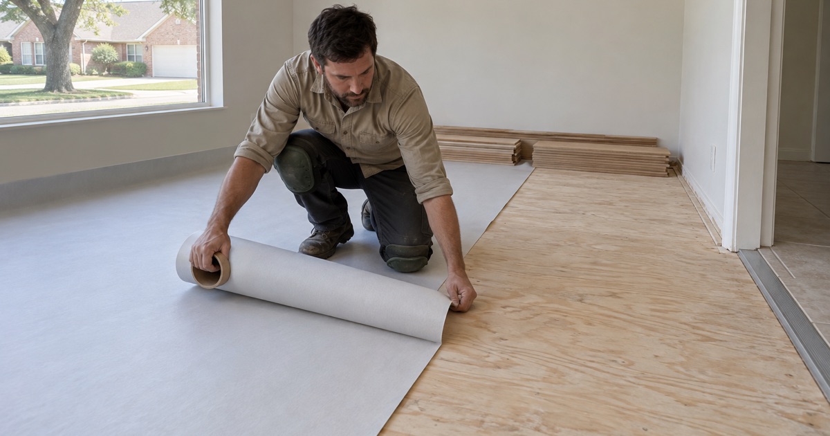 Installer rolling underlayment out across a plywood subfloor in a Grapevine house, the laid sheet turned up at the wall before any board goes down.