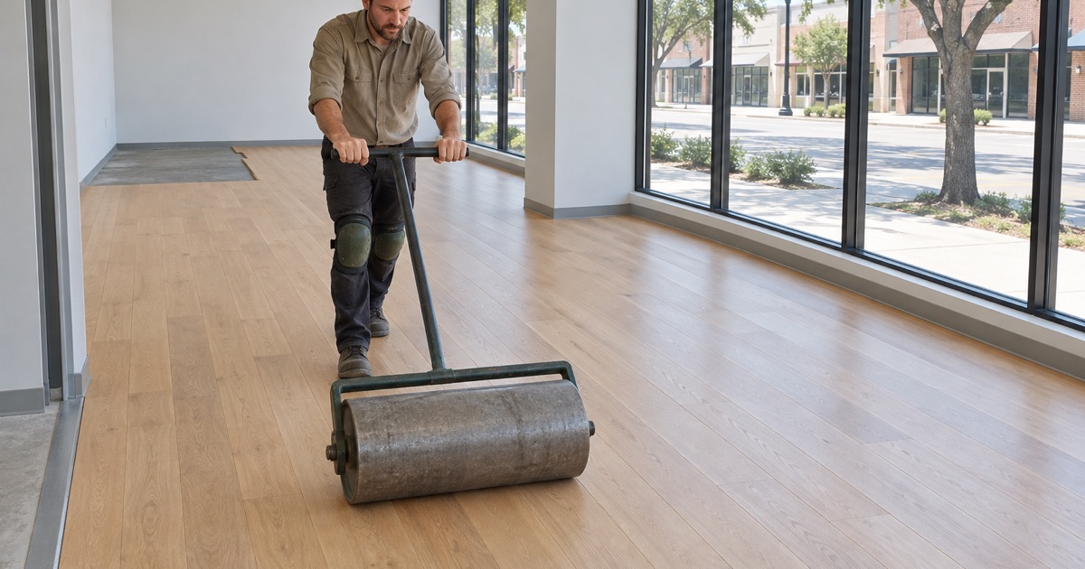 Installer walking a weighted floor roller across newly laid engineered oak in an empty Grapevine commercial suite, the planks bedding into the adhesive.
