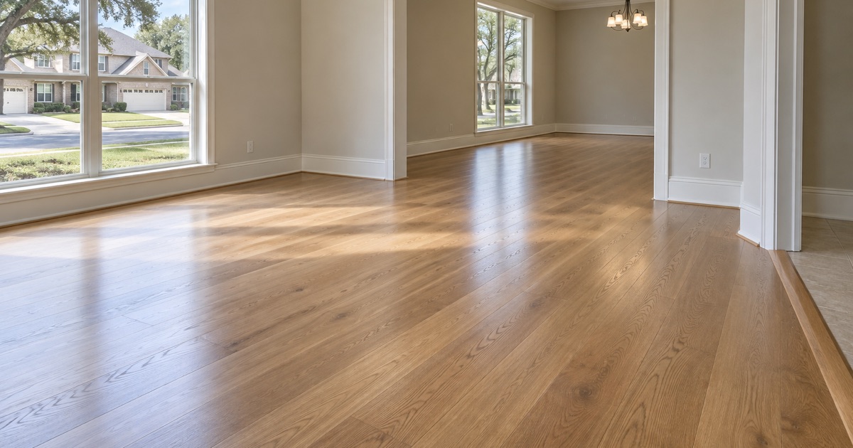 A finished white oak floor running the length of an empty Grapevine room, the boards passing under the shoe molding and through the doorway beyond.