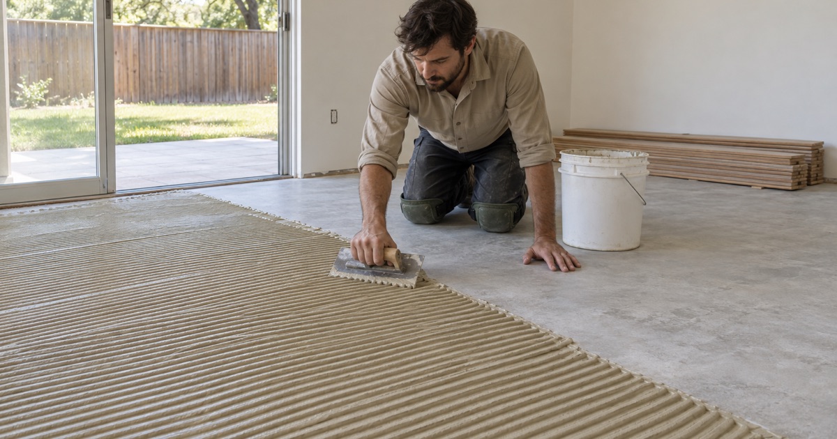 Installer spreading adhesive across a Grapevine slab with a notched trowel, engineered oak planks stacked flat and waiting against the wall.