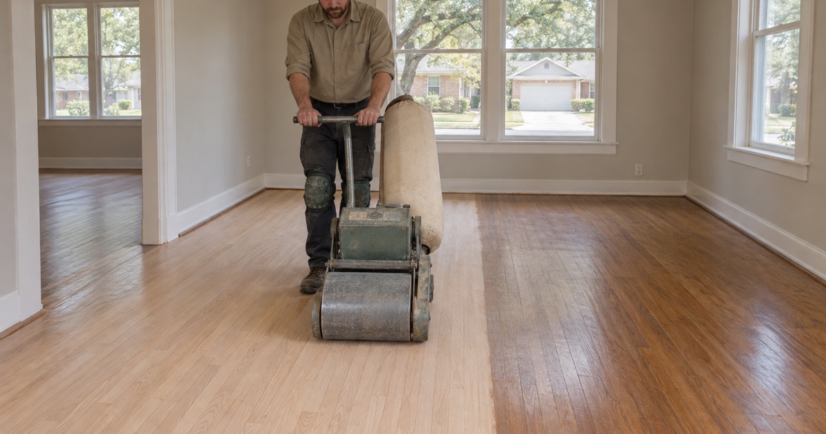 Operator walking a drum sander across a red oak floor in a Grapevine house, a clean cut band of bare wood opening behind the machine.