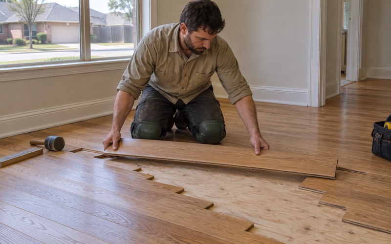 Carpenter lacing a replacement white oak board into an existing Grapevine floor, the new joints staggered well clear of the old ones.