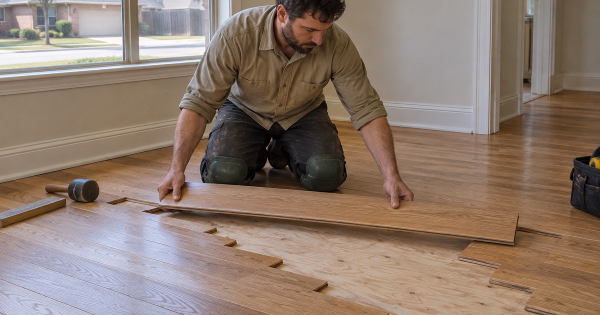 Carpenter lacing a replacement white oak board into an existing Grapevine floor, the new joints staggered well clear of the old ones.