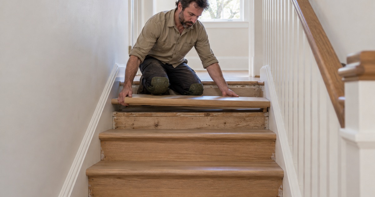 Carpenter seating a white oak retro tread with a bullnose front edge onto a stripped stair in a Grapevine house, the carpet already off the flight.