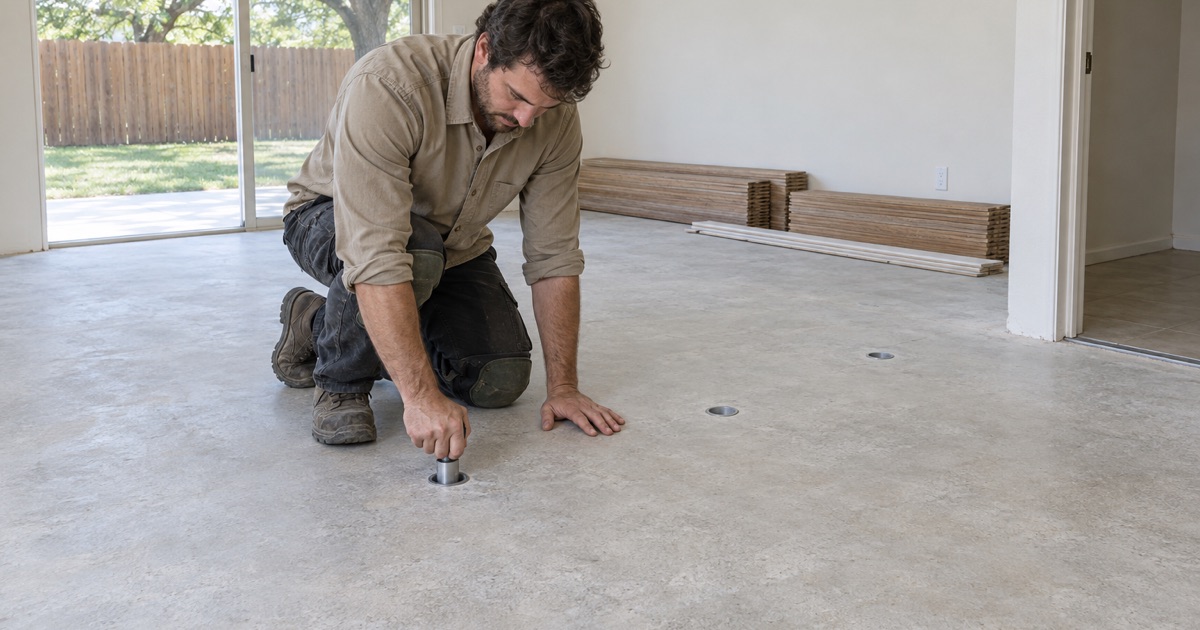 Installer seating a relative humidity probe into a drilled hole in a bare Grapevine slab before an installation date is set.