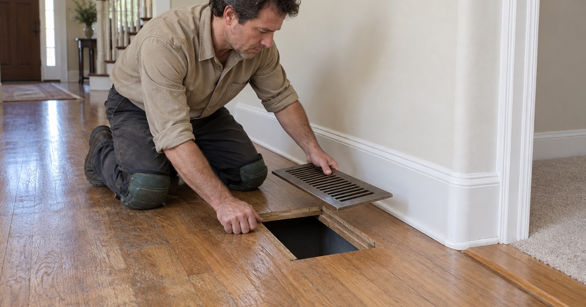 Worker lifting a plain floor register clear in a Grapevine house to read how much oak is left above the tongue before a refinish is quoted.