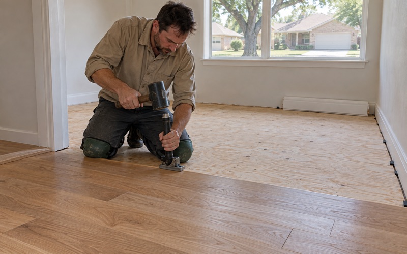Installer driving a flooring nailer seated on the tongue edge of a white oak board in a Grapevine house, the laid run advancing across the plywood subfloor.