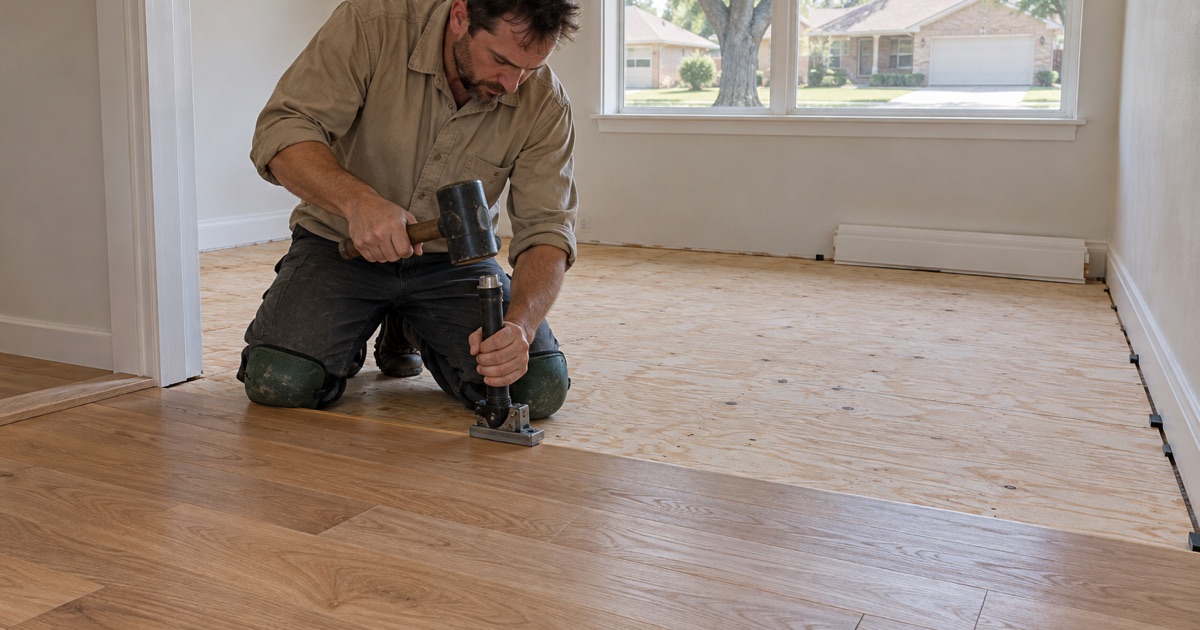 Installer driving a flooring nailer seated on the tongue edge of a white oak board in a Grapevine house, the laid run advancing across the plywood subfloor.