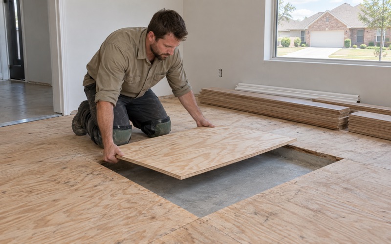 Carpenter lowering a new plywood subfloor panel into a cut out section of a Grapevine floor, the sound subfloor squared off around it.