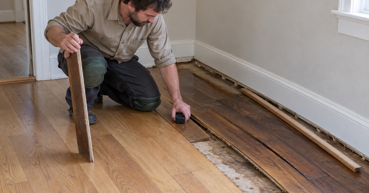 Technician pressing a pinless moisture meter flat to a cupped oak board at the edge of a wet area in a Grapevine house, the sound boards beyond still flat.
